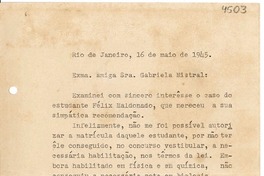 [Carta] 1945 mayo 16, Río de Janeiro [a] Gabriela Mistral