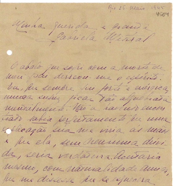 [Carta] 1945 mayo 26, Río de Janeiro [a] Gabriela Mistral