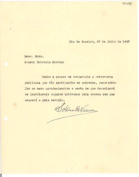 [Carta] 1945 jul. 25, Río de Janeiro [a] Gabriela Mistral