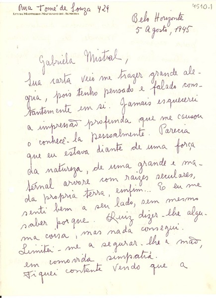 [Carta] 1945 ago. 5, Belo Horizonte [a] Gabriela Mistral