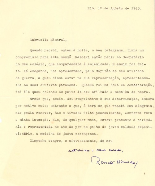 [Carta] 1945 ago. 13, Río de Janeiro [a] Gabriela Mistral