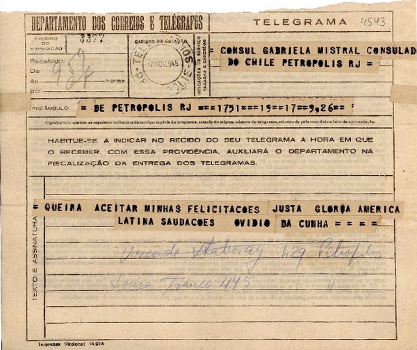 [Telegrama] 1945 nov. 17, Petrópolis, RJ, [Brasil] [a] Gabriela Mistral, Consulado de Chile, Petrópolis, RJ, [Brasil]