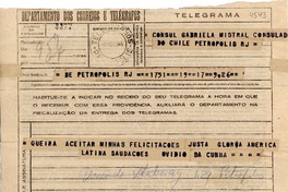 [Telegrama] 1945 nov. 17, Petrópolis, RJ, [Brasil] [a] Gabriela Mistral, Consulado de Chile, Petrópolis, RJ, [Brasil]