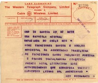 [Telegrama] 1945 nov. 17, Santos, [Brasil] [a] Gabriela Mistral, Río de Janeiro