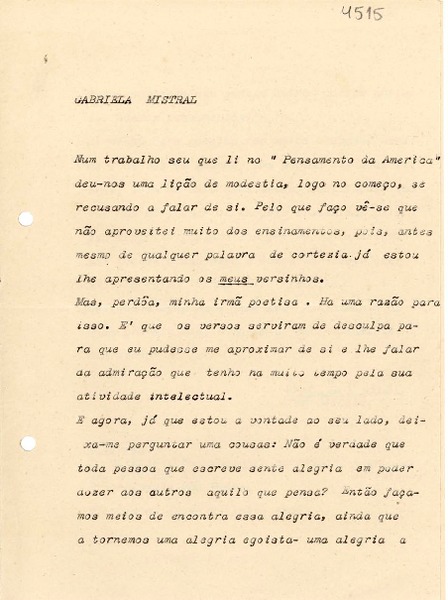 [Carta] 1945 sept. 14, São Paulo [a] Gabriela Mistral