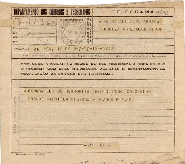 [Telegrama] 1945 nov. 16, [Rio], [Brasil] [a] Palma Guillén, Leblon, Rio DF, [Brasil]