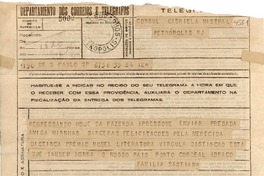 [Telegrama] 1945 nov., S Paulo, [Brasil] [a] Gabriela Mistral, Petrópolis, RJ, [Brasil]