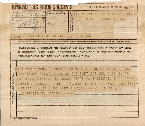 [Telegrama] 1945 nov. 16, Río de Janeiro [a] Gabriela Mistral, Petrópolis