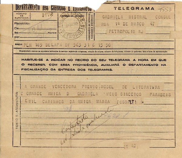 [Telegrama] 1945 nov. 16, [Brasil?] [a] Gabriela Mistral, Petrópolis, RJ, [Brasil]
