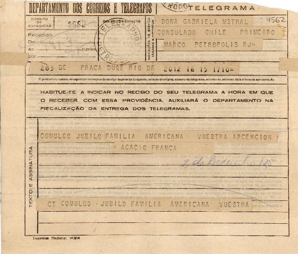 [Telegrama] 1945 nov. 15, Río de Janeiro [a] Gabriela Mistral, Petrópolis