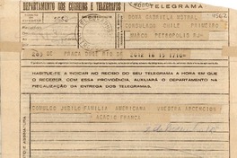 [Telegrama] 1945 nov. 15, Río de Janeiro [a] Gabriela Mistral, Petrópolis