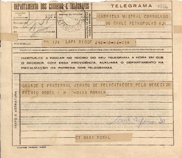 [Telegrama] 1945 nov. 16, Lapa, Rio DF, [Brasil] [a] Gabriela Mistral, Petrópolis, RJ, [Brasil]
