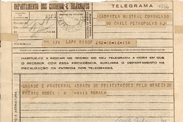[Telegrama] 1945 nov. 16, Lapa, Rio DF, [Brasil] [a] Gabriela Mistral, Petrópolis, RJ, [Brasil]