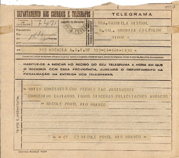 [Telegrama] [1945 nov.], DF, [Brasil] [a] Gabriela Mistral, Leblon, Rio DF, [Brasil]