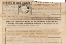 [Telegrama] 1945 nov. 19, [Brasil] [a] Gabriela Mistral, Petrópolis