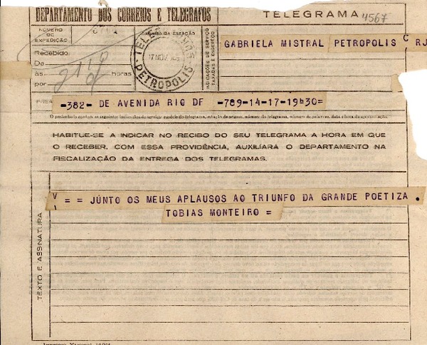 [Telegrama] 1945 nov. 17, Rio de Janeiro [a] Gabriela Mistral, Petrópolis