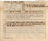 [Telegrama] 1945 nov. 17, Sao Paulo [a] Gabriela Mistral, Petrópolis