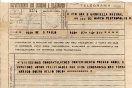 [Telegrama] 1945 nov. 17, Sao Paulo [a] Gabriela Mistral, Petrópolis