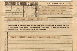 [Telegrama] 1945 nov. 17, Río Piedras, Brasil [a] Gabriela Mistral, Petrópolis, Brasil
