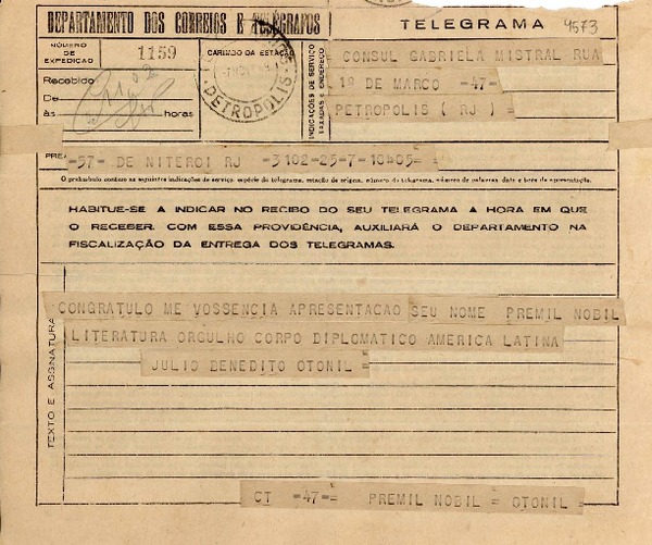 [Telegrama] 1945 nov. 17, Niteroi, Río de Janeiro [a] Gabriela Mistral, Petrópolis