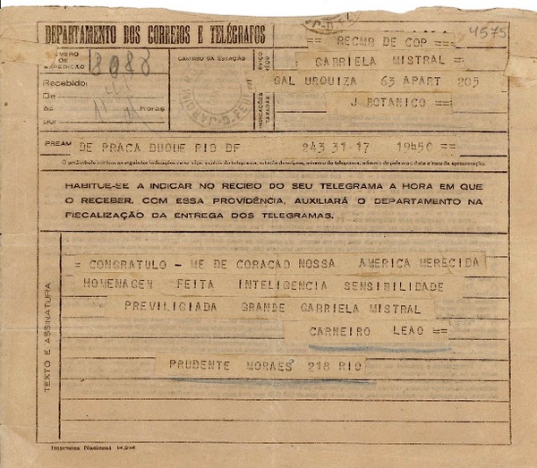 [Telegrama] 1945 nov. 19, Río de Janeiro [a] Gabriela Mistral
