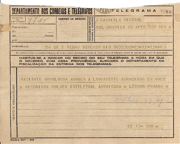 [Telegrama] 1945 nov. 17, Río de Janeiro [a] Gabriela Mistral