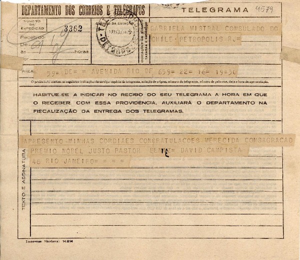 [Telegrama] 1945 nov. 17, Petrópolis, Brasil [a] Gabriela Mistral