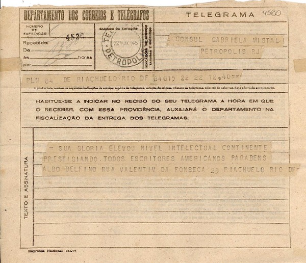 [Telegrama] 1945 nov. 22, Petrópolis, Brasil [a] Gabriela Mistral