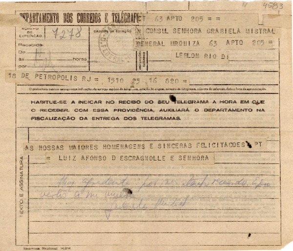 [Telegrama] 1945 nov. 16, Petrópolis, Brasil [a] Gabriela Mistral