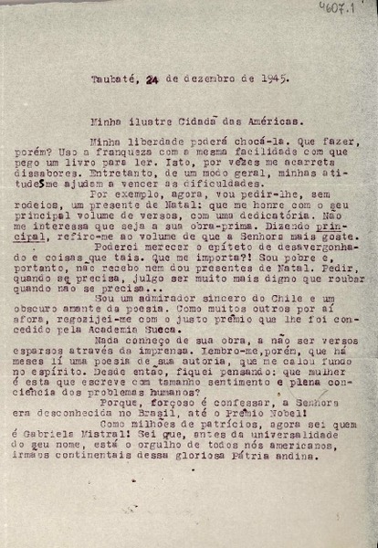 [Carta] 1945 dic. 24, Taubaté, [Brasil] [a] [Gabriela Mistral]