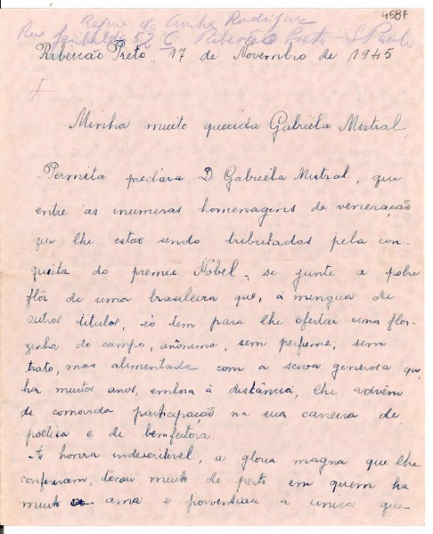 [Carta] 1945 nov. 17, Ribeirao Preto, Sao Paulo [a] Gabriela Mistral