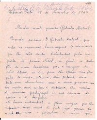 [Carta] 1945 nov. 17, Ribeirao Preto, Sao Paulo [a] Gabriela Mistral