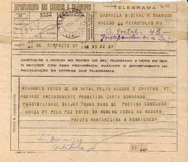 [Telegrama] 1945 dic. 23, [São Paulo], [Brasil] [a] Gabriela Mistral, Petrópolis, RJ, [Brasil]