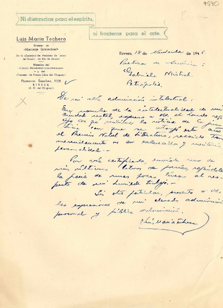 [Carta] 1945 nov. 18, Rivera, Uruguay [a] Gabriela Mistral, Petrópolis