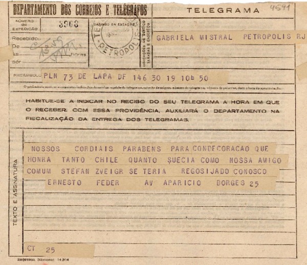 [Telegrama] 1945 nov. 19, Río de Janeiro [a] Gabriela Mistral, Petrópolis
