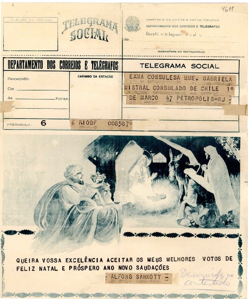 [Telegrama] [1945], Río de Janeiro [a] Gabriela Mistral, Petrópolis