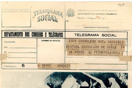 [Telegrama] [1945], Río de Janeiro [a] Gabriela Mistral, Petrópolis