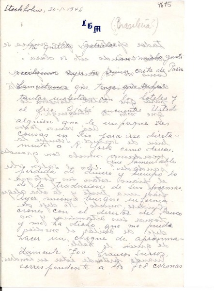 [Carta] 1946 ene. 20, Stockolm [a] Gabriela Mistral
