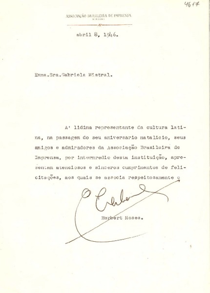 [Carta] 1946 abr. 8, Río de Janeiro [a] Gabriela Mistral
