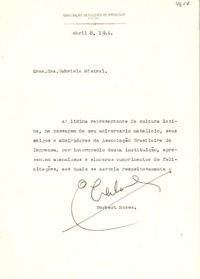 [Carta] 1946 abr. 8, Río de Janeiro [a] Gabriela Mistral