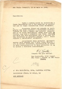 [Carta] 1946 maio 15, Sao Paulo, Brasil [a] Gabriela Mistral, Los Ángeles
