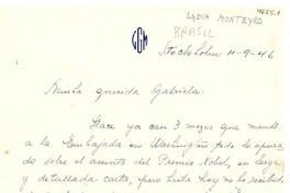 [Carta] 1946 sept. 11, Stockholm, [Suecia] [a] Gabriela [Mistral]