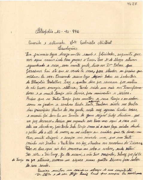 [Carta] 1946 oct. 10, Petrópolis [a] Gabriela Mistral
