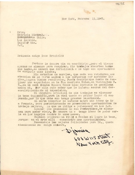 [Carta] 1947 feb. 15, New York [a] Gabriela Mistral, Los Ángeles, California