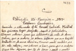 [Carta] 1947 feb. 25, Petrópolis [a] Gabriela Mistral