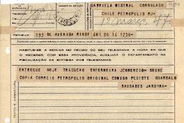[Telegrama] 1947 mar 1, Río de Janeiro [a] Gabriela Mistral, Petrópolis