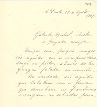 [Carta] 1947 agosto 28, S[ao] Paulo, [Brasil] [a] Gabriela Mistral