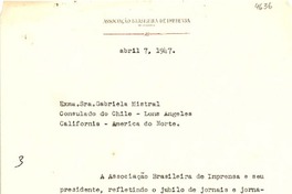 [Carta] 1947 abr. 7, [Río de Janeiro] [a] Gabriela Mistral, Los Ángeles, California