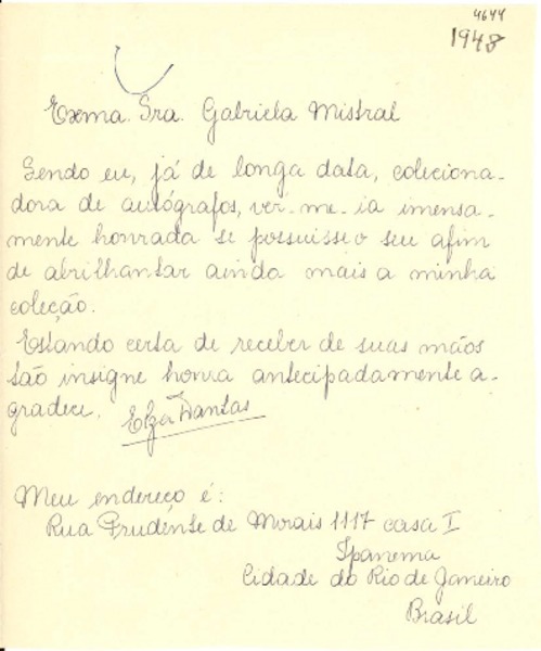 [Carta] [1948], Ipanema, [Brasil] [a] Gabriela Mistral