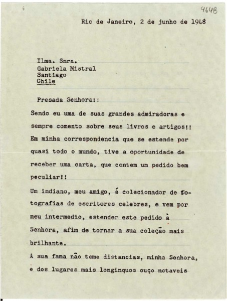 [Carta] 1948 junho 2, Rio de Janeiro, Brasil [a] Gabriela Mistral, Santiago, Chile